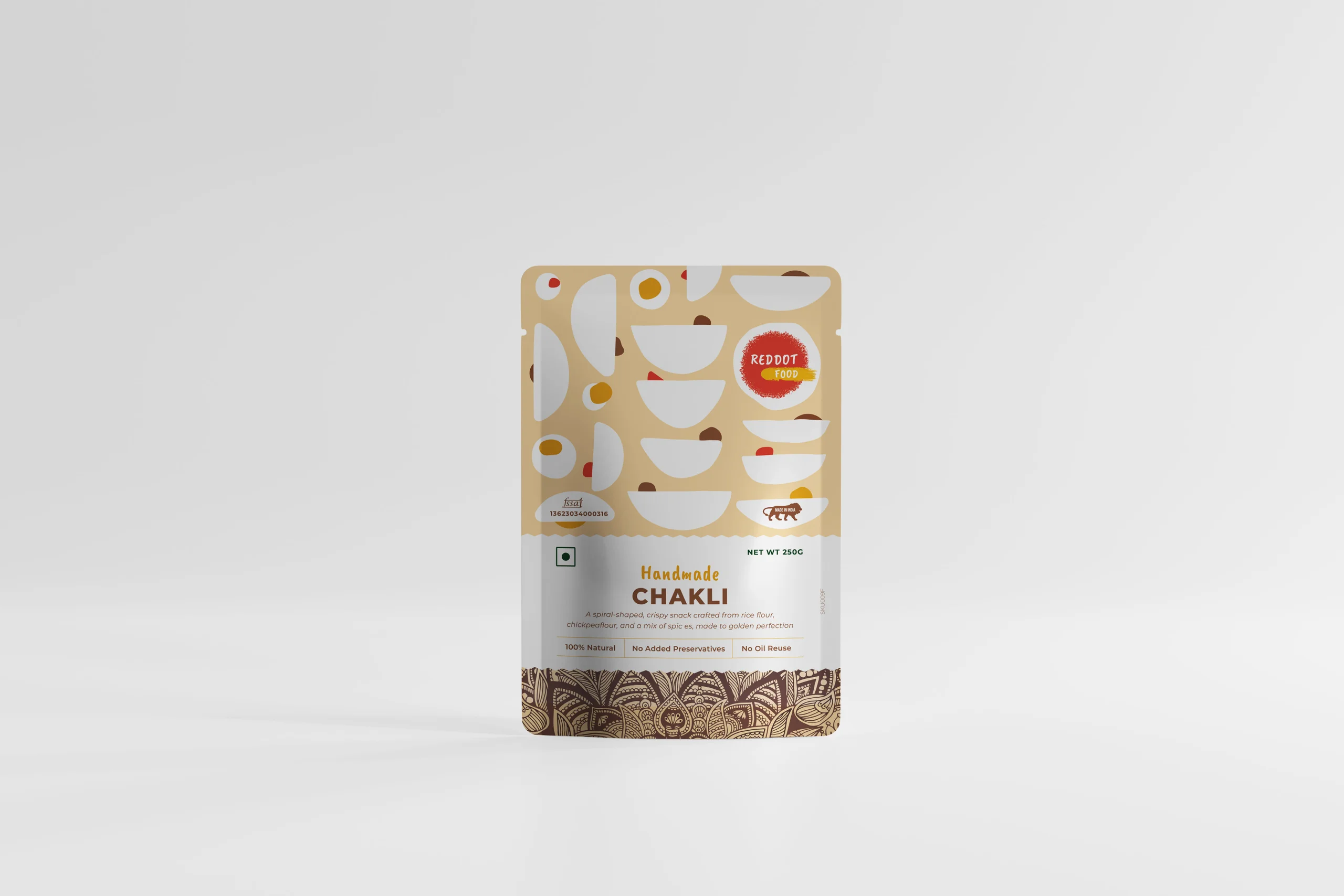 A packaged product of Chakli from Reddot Food, displaying the branding and product details, perfect for Indian snacks lovers.