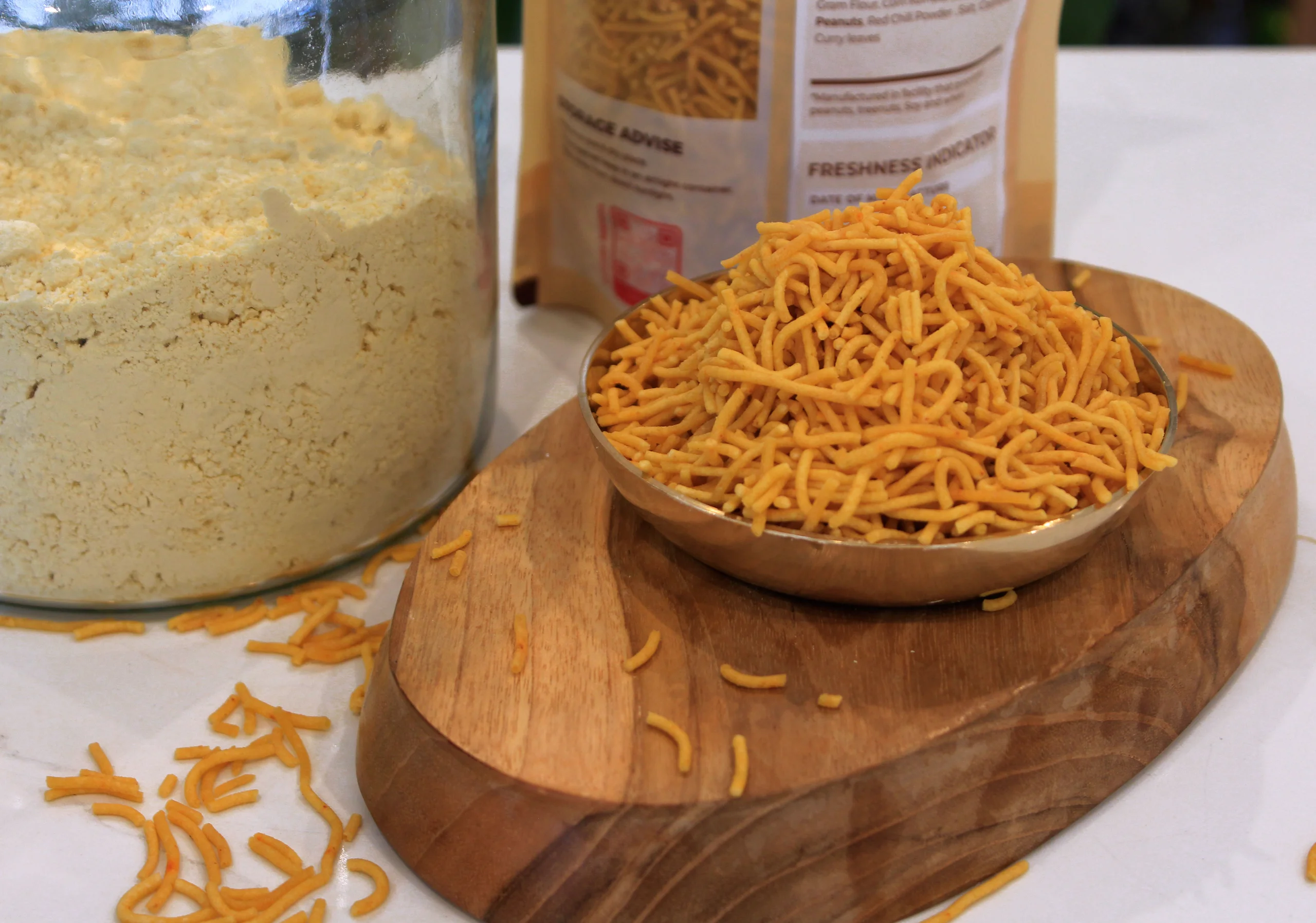 Home-style, Preservative-free Besan Sev, perfect for tea time or as a crunchy snack.