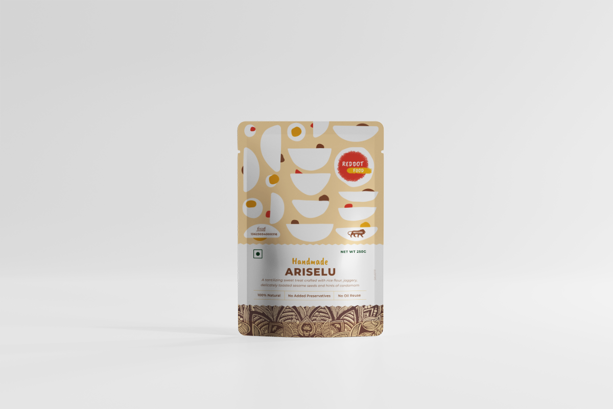 A packet of Ariselu, featuring its packaging with branding and description, emphasizing the traditional and rich nature of the sweet.