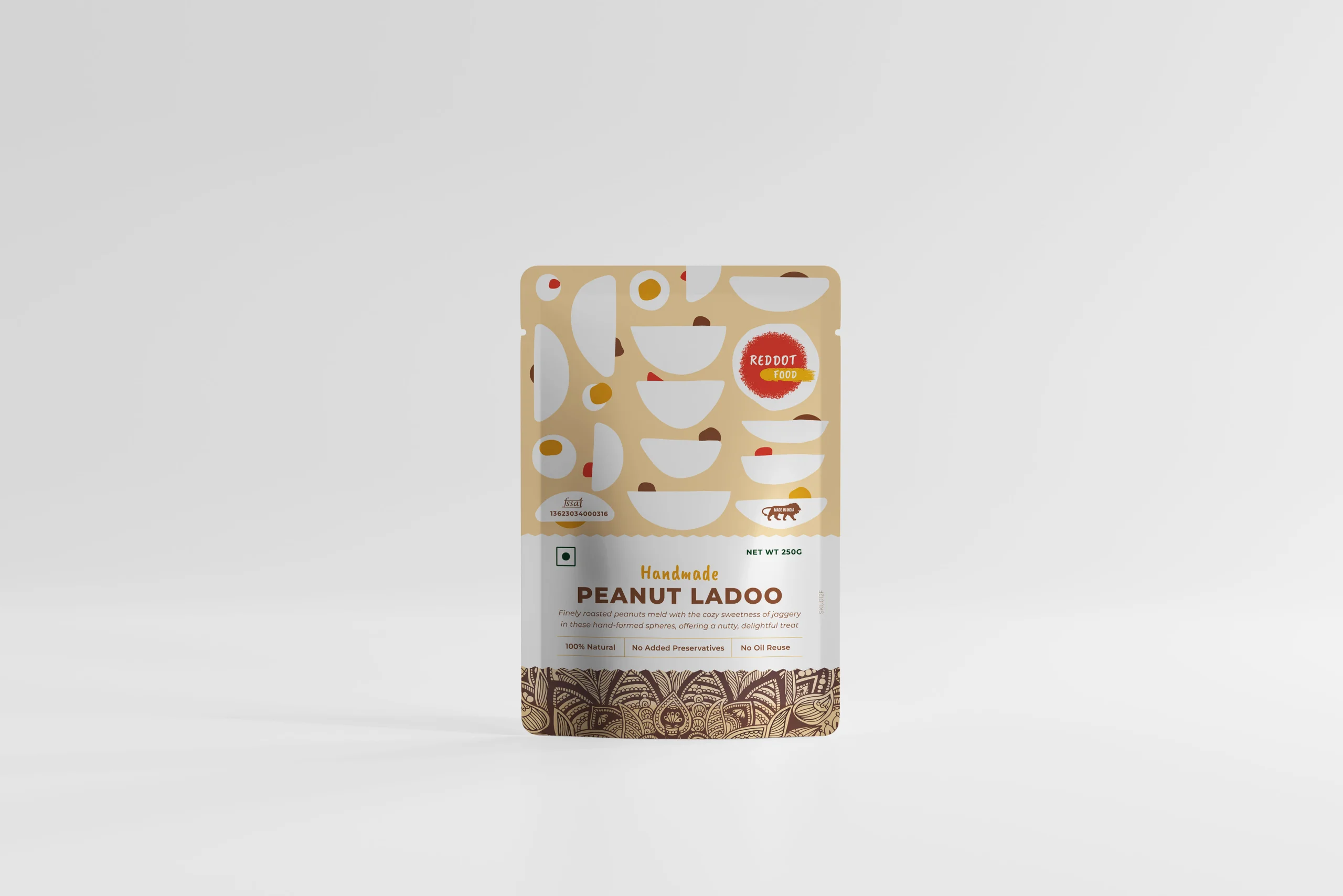 A packet of Peanut Ladoo by Reddot Food, highlighting the packaging with branding and product description, emphasizing the artisanal quality and traditional craftsmanship of the sweet.