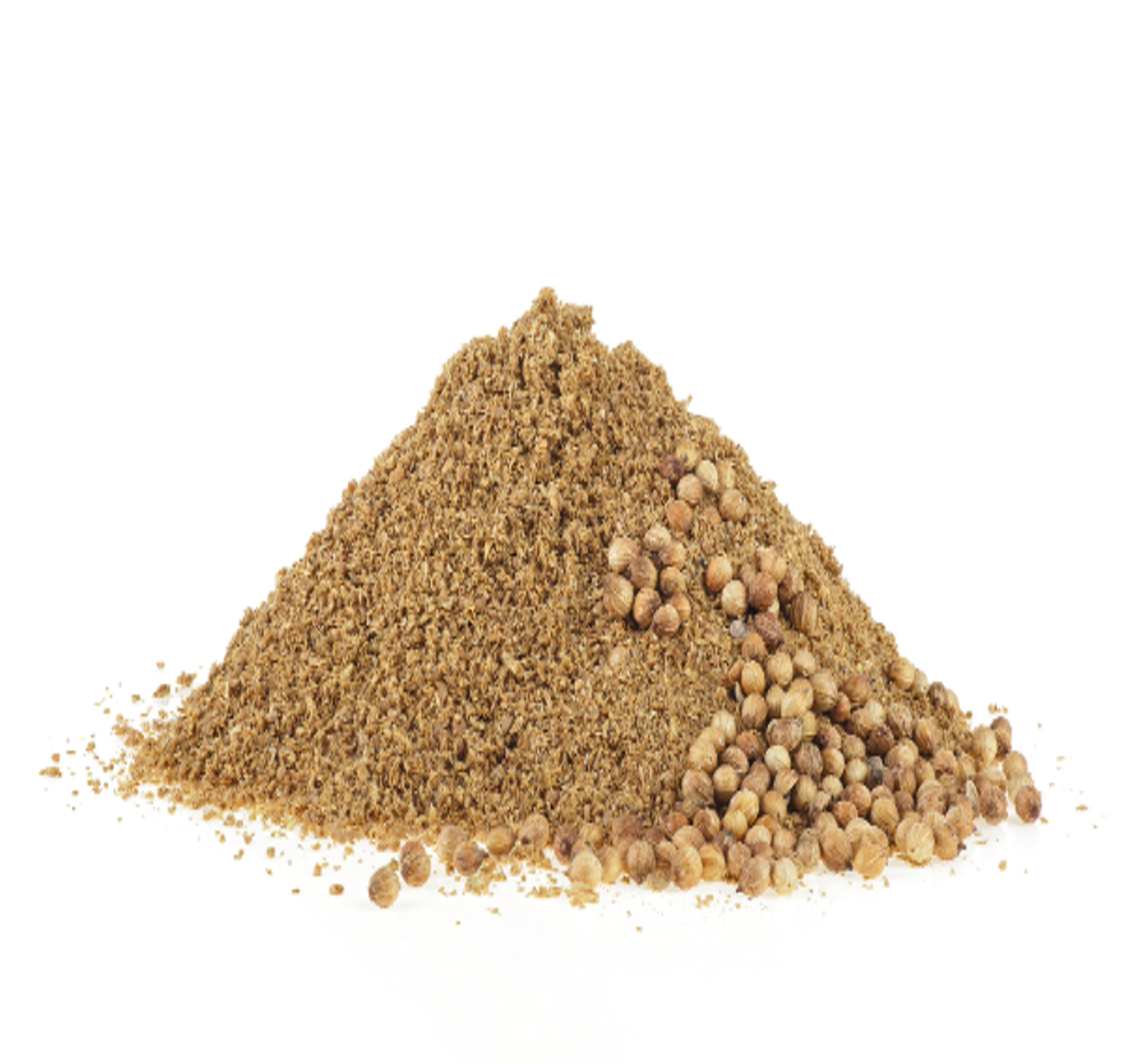 A pile of finely ground coriander powder, light brown in color, known for its aromatic, citrusy flavor, commonly used in Indian curries and spice blends.