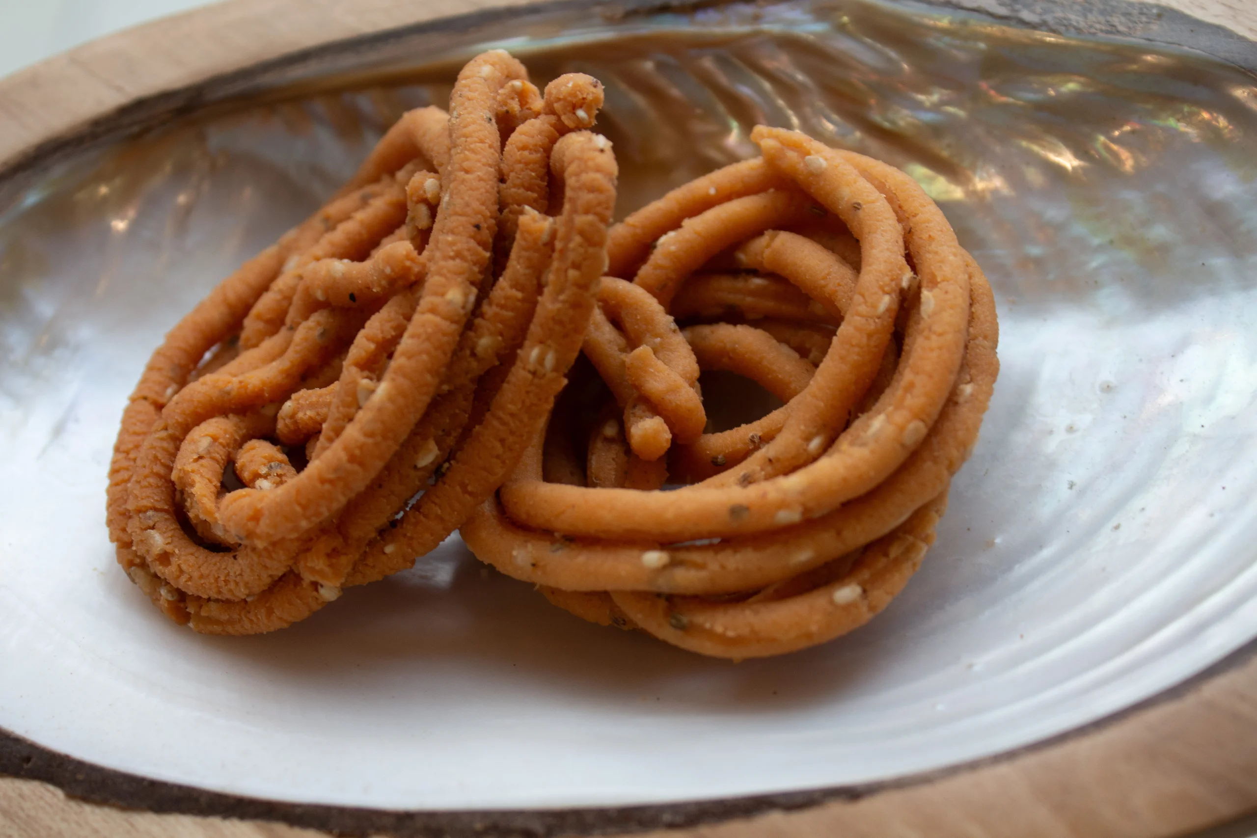 Handmade South Indian snack murukulu, made without palm oil