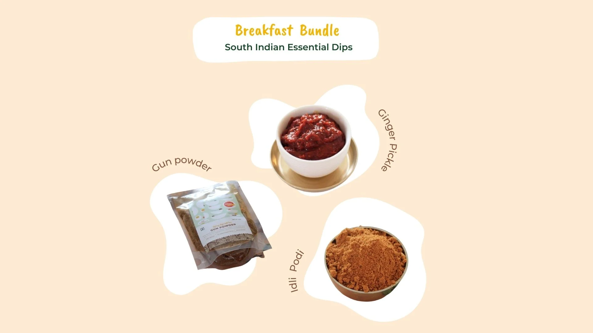 A display of the Breakfast Bundle from Reddot Food, featuring Gun Powder, Idli Podi, and Ginger Pickle.