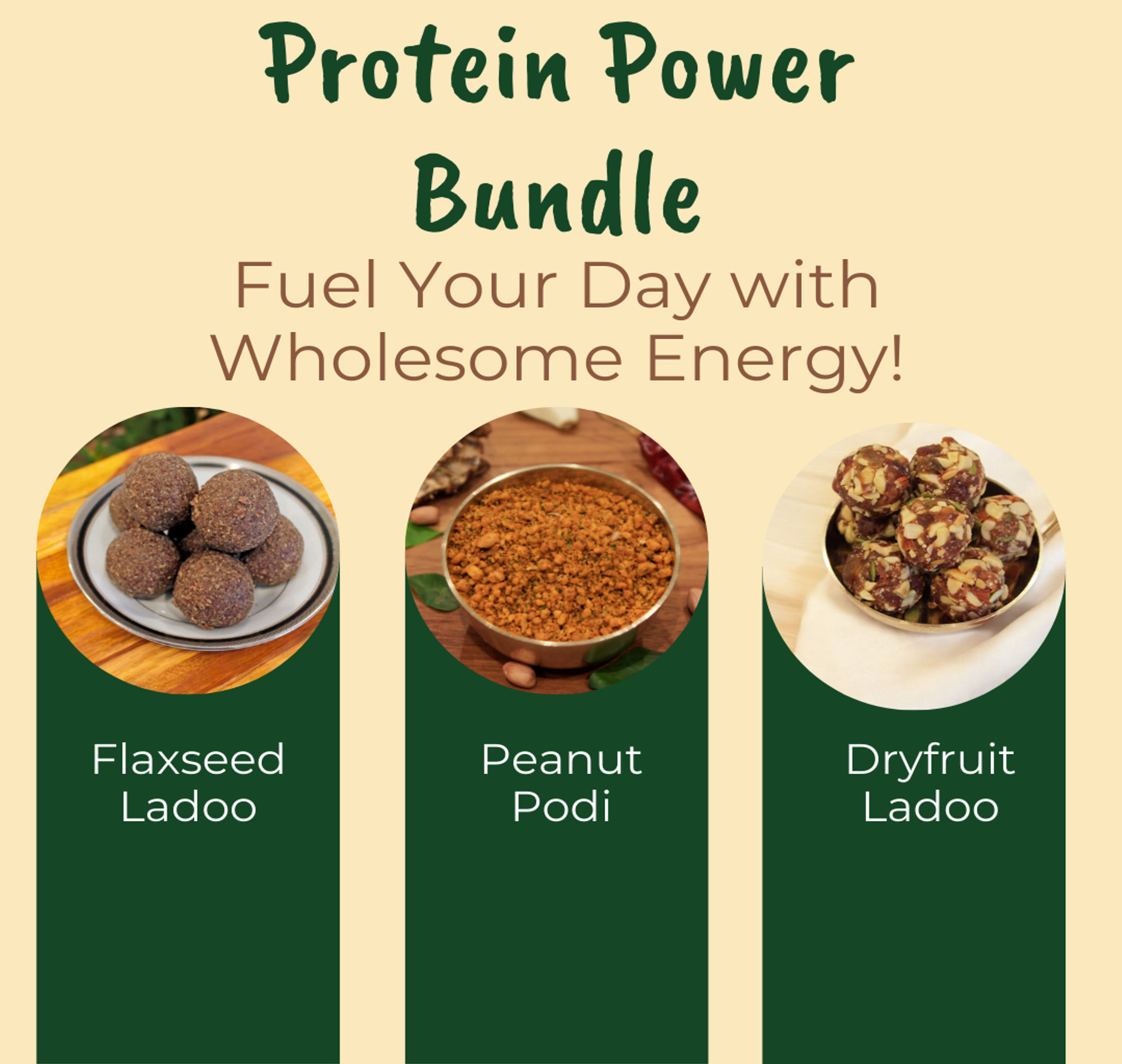 Reddot Food's Protein Power Bundle featuring 250g Flaxseed Ladoo, 250g Dryfruit Ladoo, and 100g Sesame Peanut Podi, a nutritious and delicious Indian snack collection.