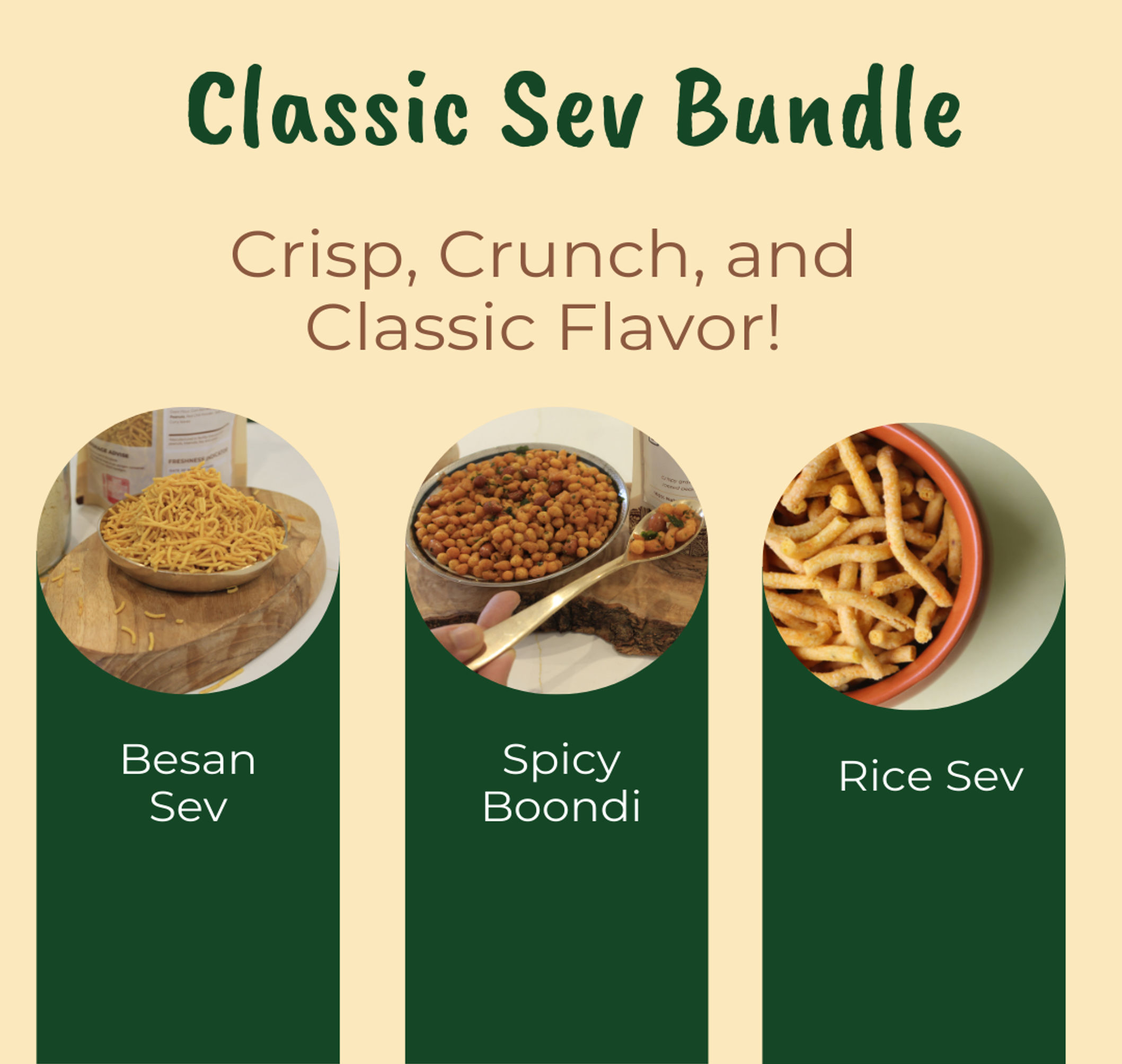 Classic Sev Bundle featuring 250g Besan Sev, 250g Spicy Boondi, and 250g Rice Sev from Reddot Food, perfect for crunchy snacks and toppings, available in Ireland.